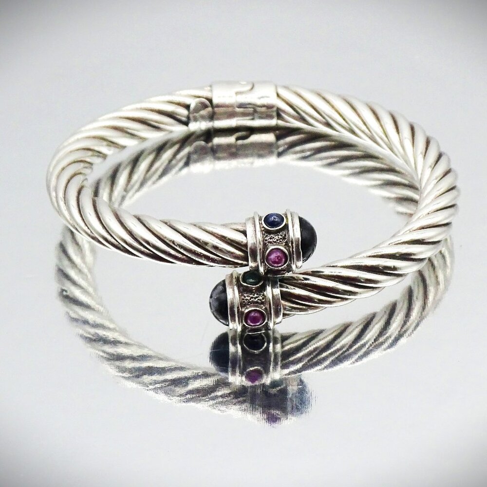 FLLI MENEGATTI Sterling Silver Black Onyx & Ruby Cabochon Hinged Bangle Bracelet